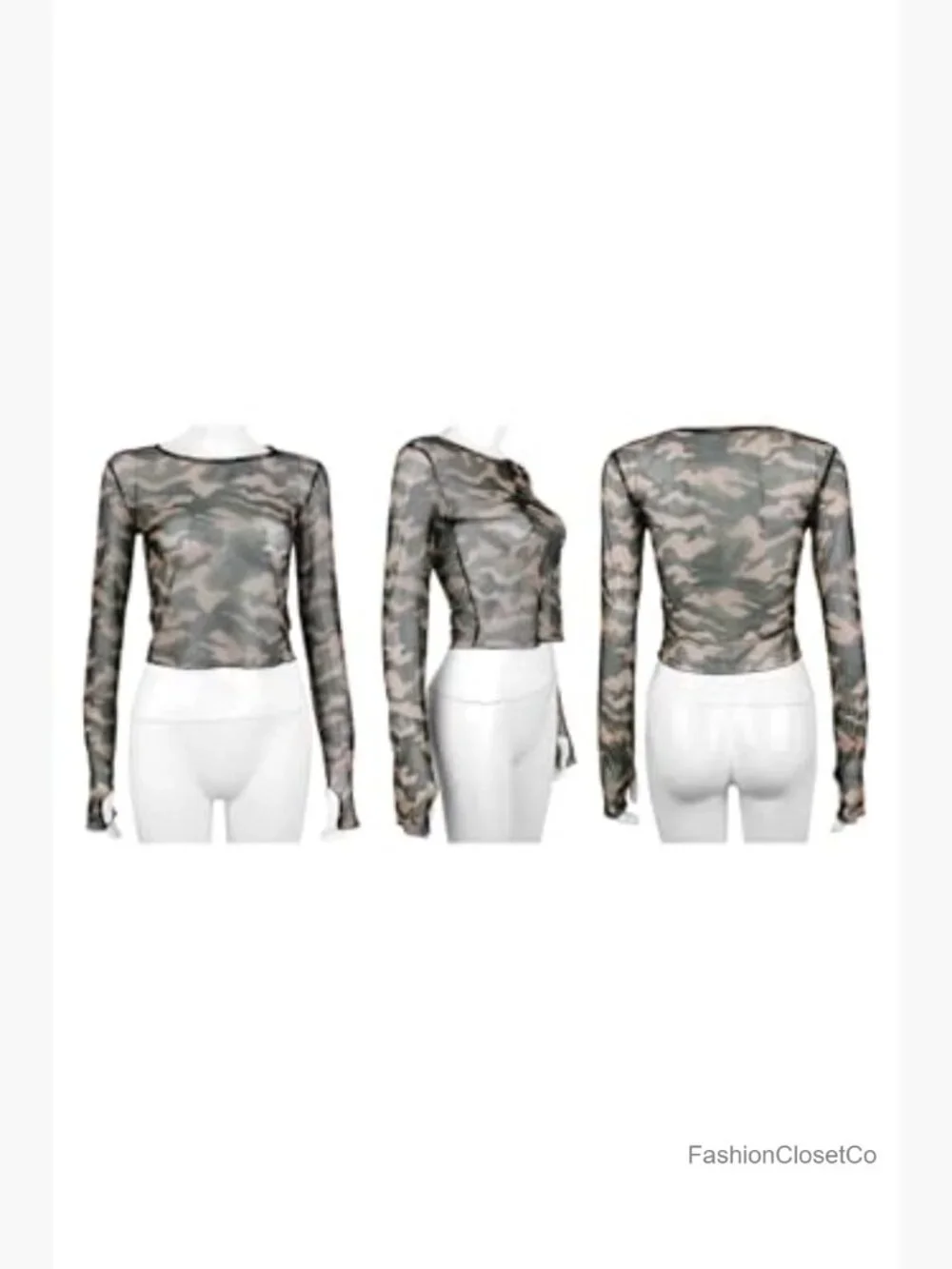 Long Sleeve Crop Top Mesh Sheer See Through Slim Fit Streetwear Tee - Picture 5 of 6